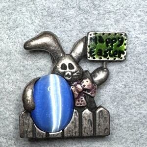 Vintage Pewter Easter Bunny with Jelly Belly Egg Happy Easter Sign UNMARKED